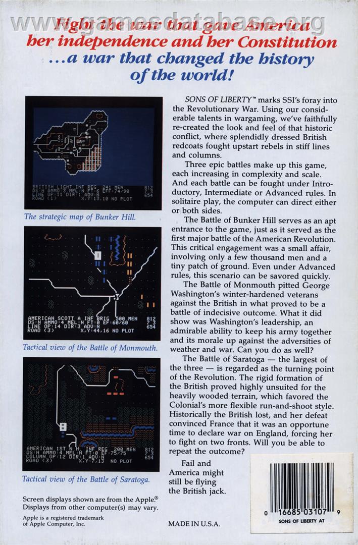 Sons of Liberty - Atari 8-bit - Artwork - Box Back