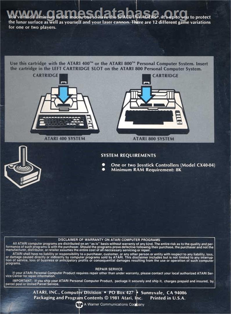 Space Invaders - Atari 8-bit - Artwork - Box Back