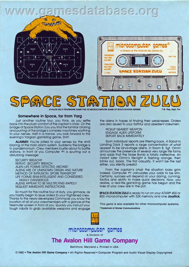 Space Station Zulu - Atari 8-bit - Artwork - Box Back