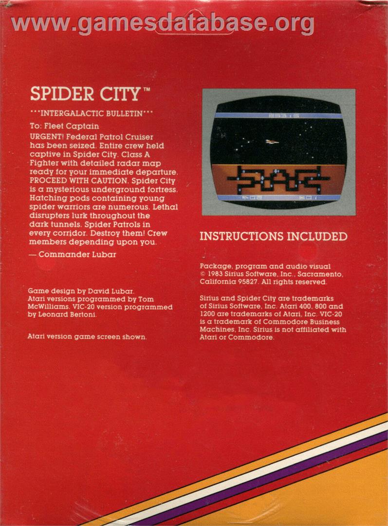 Spider City - Atari 8-bit - Artwork - Box Back