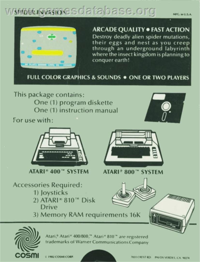 Spider Invasion - Atari 8-bit - Artwork - Box Back