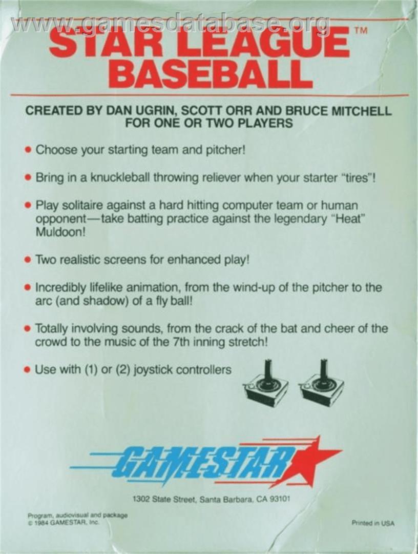 Star League Baseball - Atari 8-bit - Artwork - Box Back