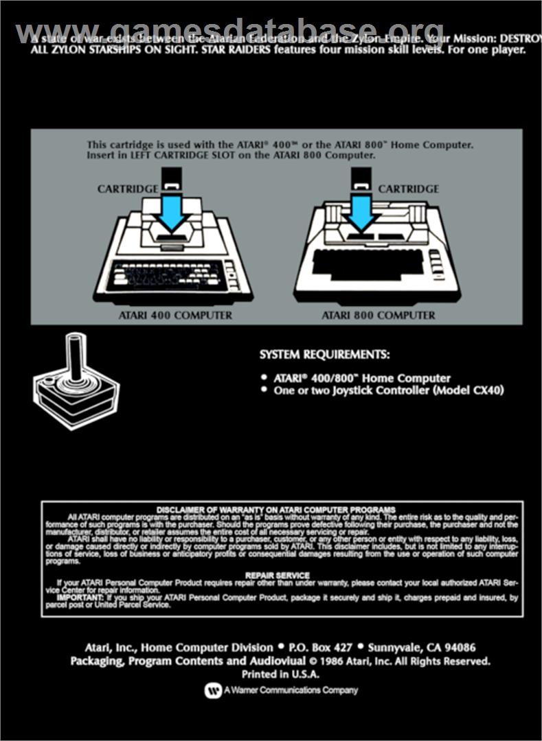 Star Raiders - Atari 8-bit - Artwork - Box Back