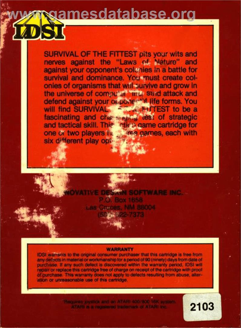 Survival Of The Fittest - Atari 8-bit - Artwork - Box Back