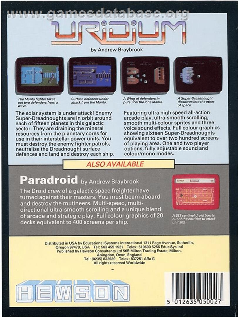 Uridium - Atari 8-bit - Artwork - Box Back