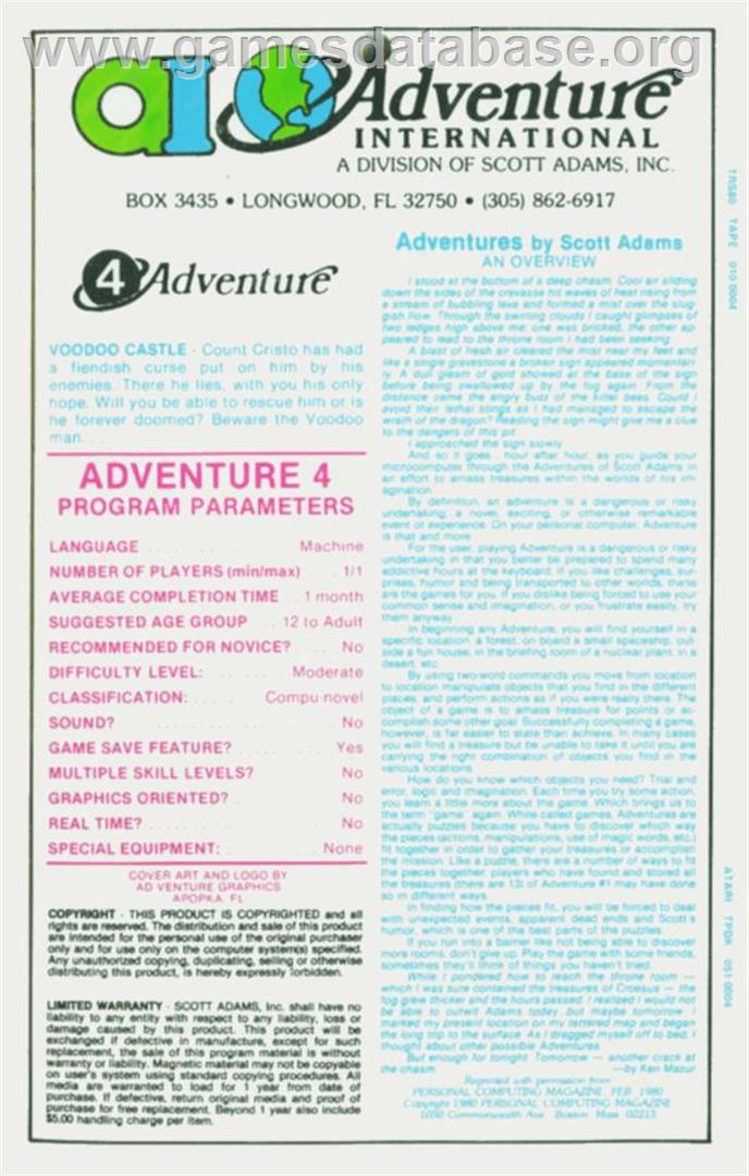 Voodoo Castle - Atari 8-bit - Artwork - Box Back