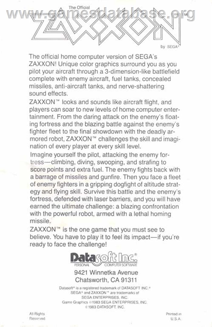 Zaxxon - Atari 8-bit - Artwork - Box Back