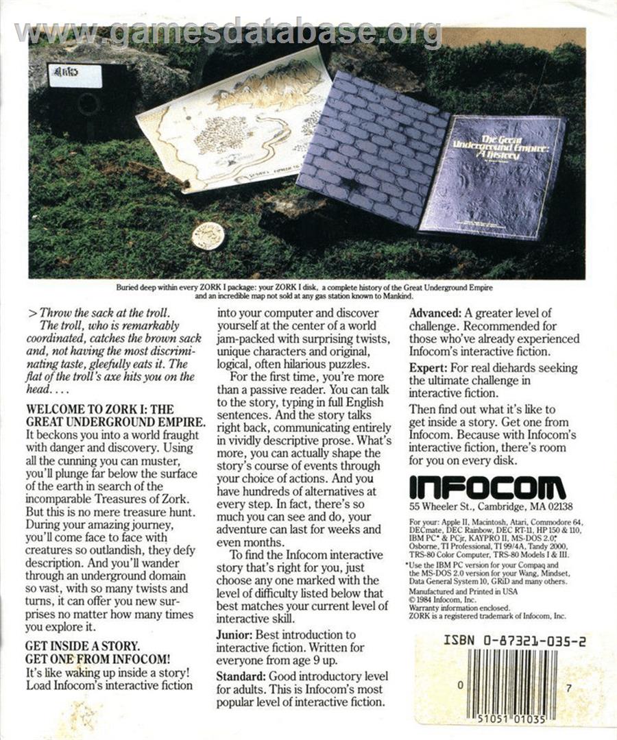 Zork I: The Great Underground Empire - Atari 8-bit - Artwork - Box Back