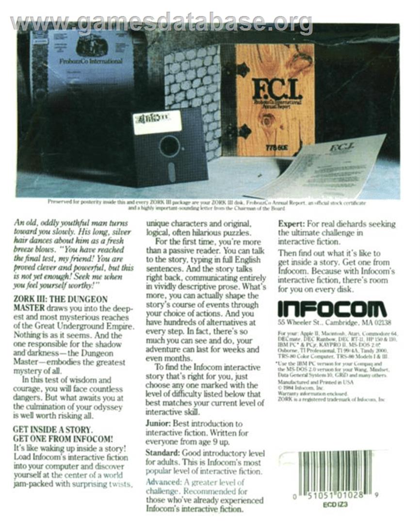 Zork III: The Dungeon Master - Atari 8-bit - Artwork - Box Back