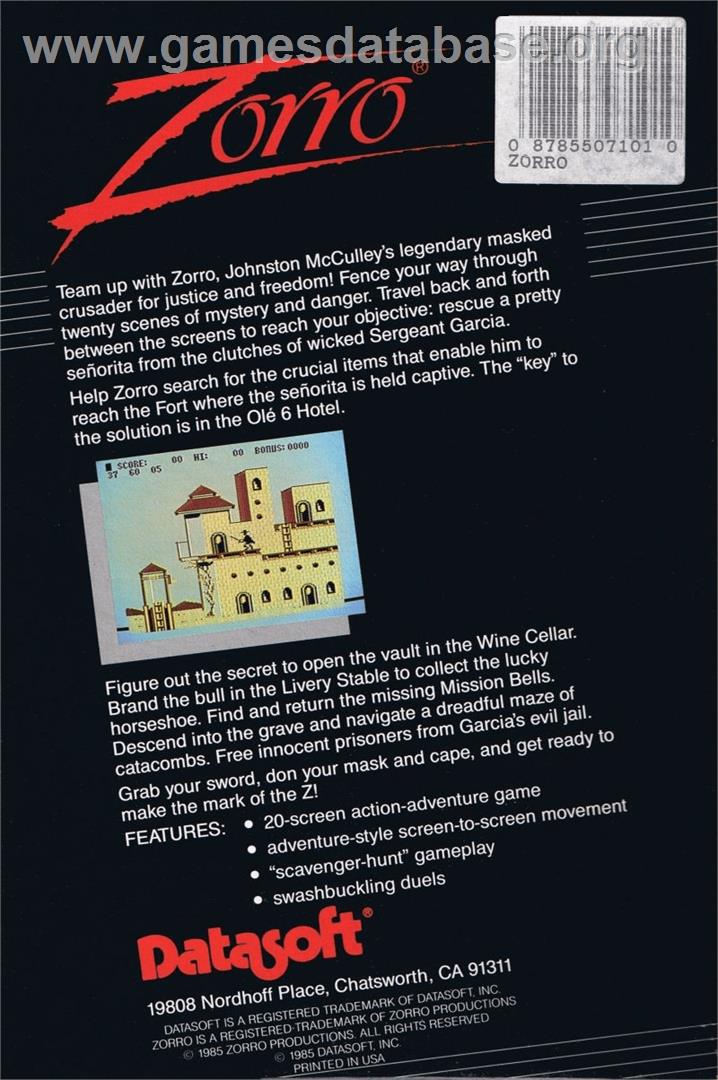 Zorro - Atari 8-bit - Artwork - Box Back