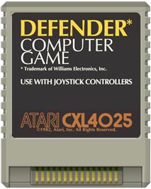Cartridge artwork for Defender on the Atari 8-bit.