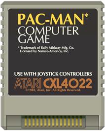 Cartridge artwork for Pac-man on the Atari 8-bit.