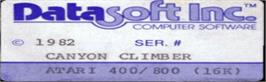 Top of cartridge artwork for Canyon Climber on the Atari 8-bit.