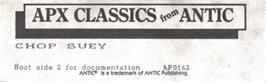 Top of cartridge artwork for Chop Suey on the Atari 8-bit.