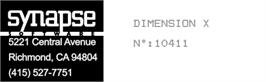 Top of cartridge artwork for Dimension X on the Atari 8-bit.