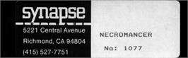 Top of cartridge artwork for Necromancer on the Atari 8-bit.