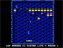 In game image of Arkanoid on the Atari 8-bit.