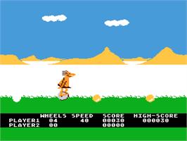 In game image of BC's Quest for Tires on the Atari 8-bit.