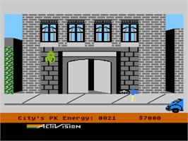 In game image of Ghostbusters on the Atari 8-bit.