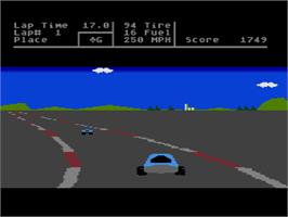 In game image of Richard Petty's Talladega on the Atari 8-bit.