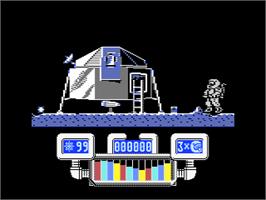 In game image of Space Rider Jet Pack Co. on the Atari 8-bit.