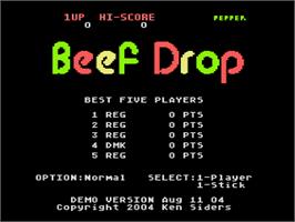 Title screen of Beef Drop on the Atari 8-bit.