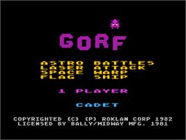 Title screen of Gorf on the Atari 8-bit.