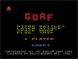 Title screen of Gorf on the Atari 8-bit.