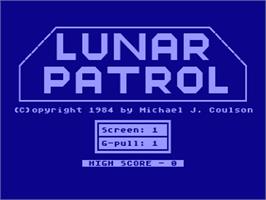 Title screen of Lunar Patrol on the Atari 8-bit.