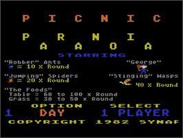 Title screen of Picnic Paranoia on the Atari 8-bit.