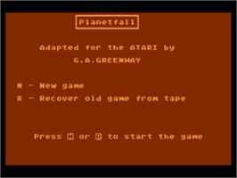 Title screen of Planetfall (Argus Press Software) on the Atari 8-bit.