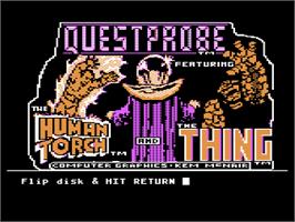 Title screen of Questprobe featuring The Human Torch and The Thing on the Atari 8-bit.