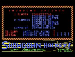 Title screen of Showdown Hockey! on the Atari 8-bit.