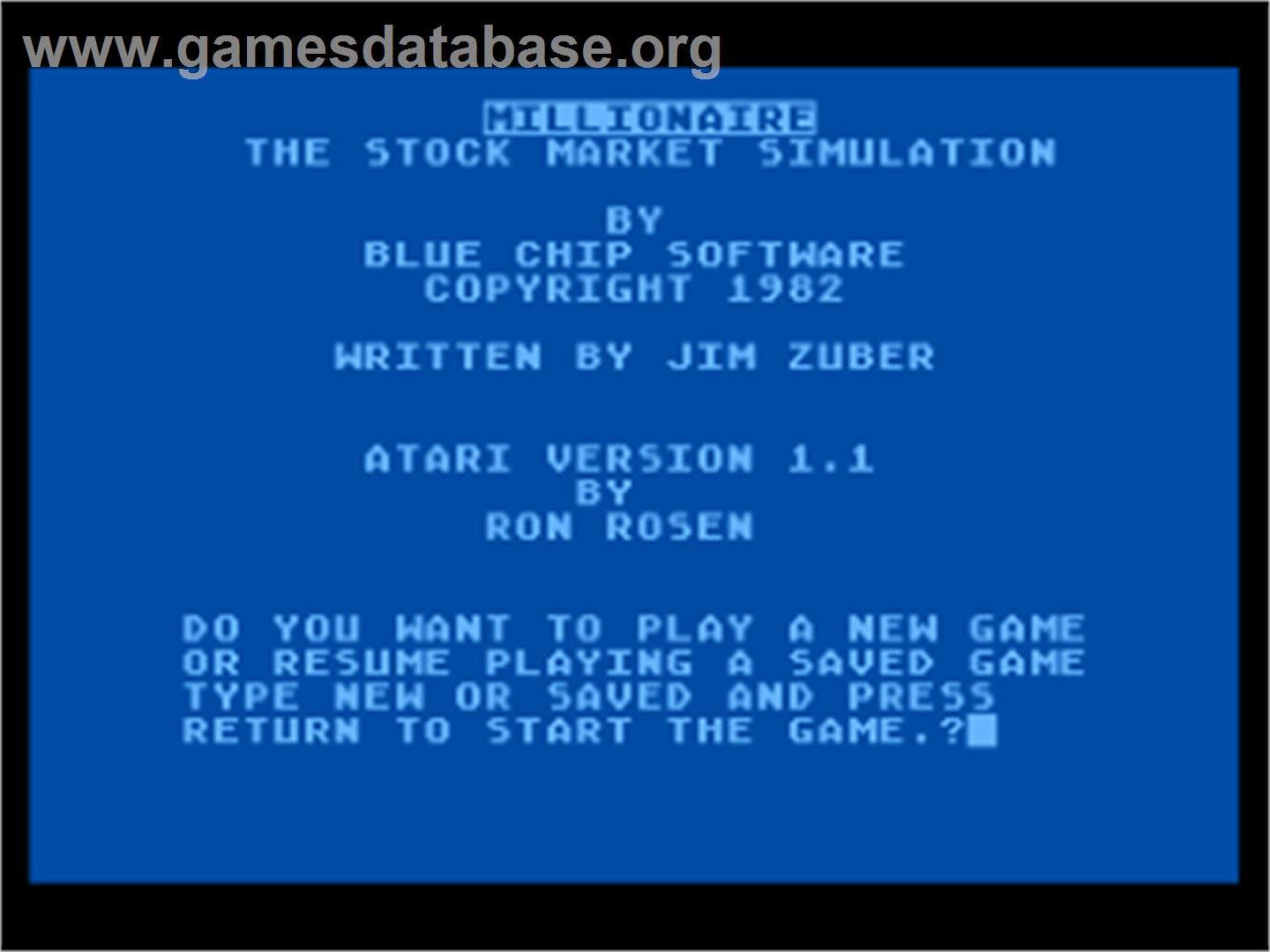Millionaire - The Stock Market Simulation - Atari 8-bit - Artwork - Title Screen
