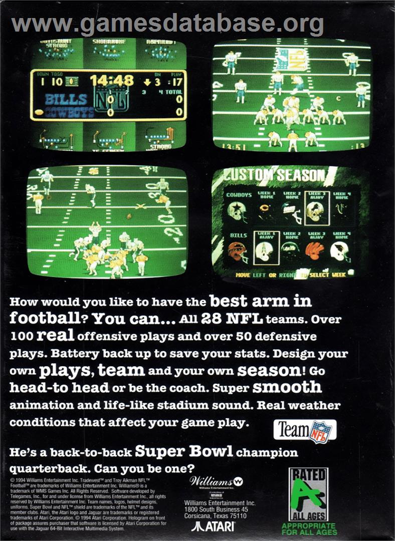 Troy Aikman Nfl Football - Atari Jaguar - Artwork - Box Back