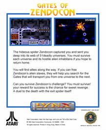 Box back cover for Gates of Zendocon on the Atari Lynx.