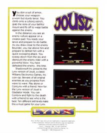 Box back cover for Joust on the Atari Lynx.
