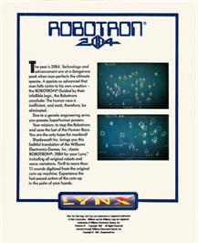 Box back cover for Robotron: 2084 on the Atari Lynx.