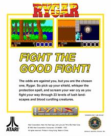 Box back cover for Rygar on the Atari Lynx.