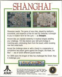 Box back cover for Shanghai on the Atari Lynx.