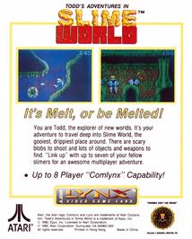 Box back cover for Todd's Adventures In Slime World on the Atari Lynx.
