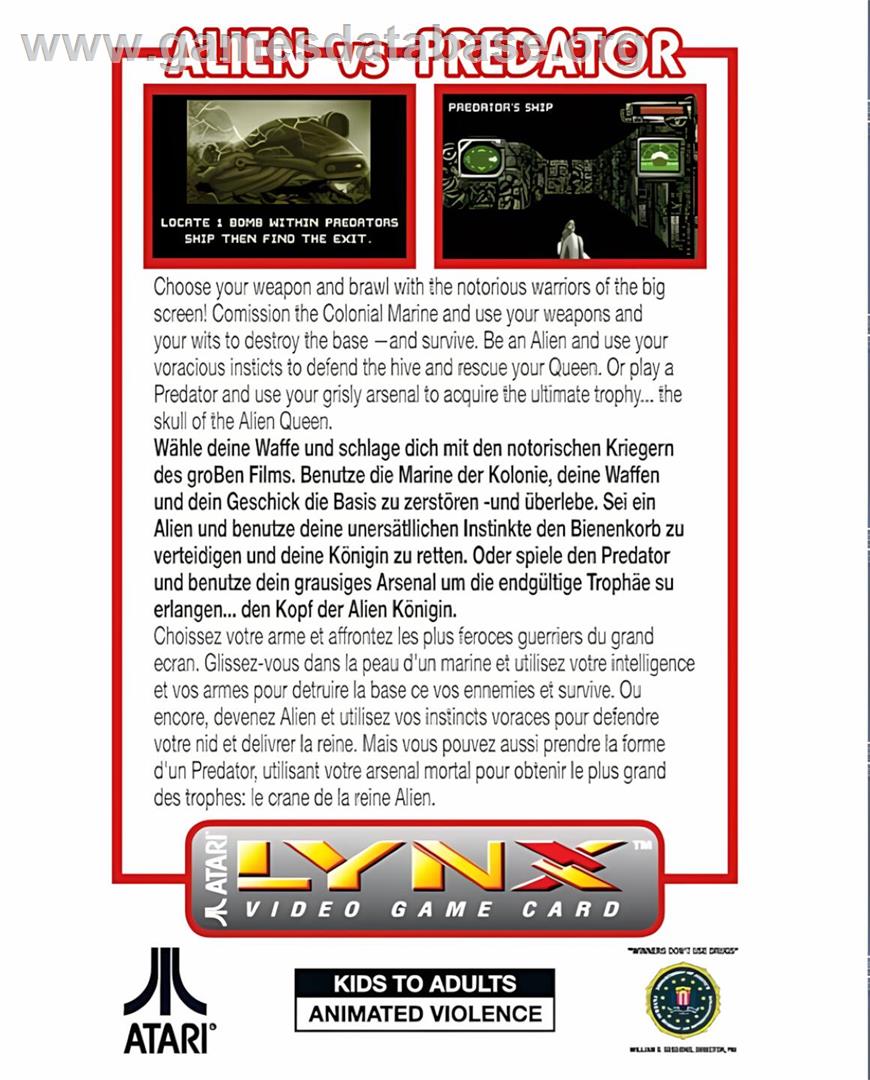 Alien vs Predator - Atari Lynx - Artwork - Box Back