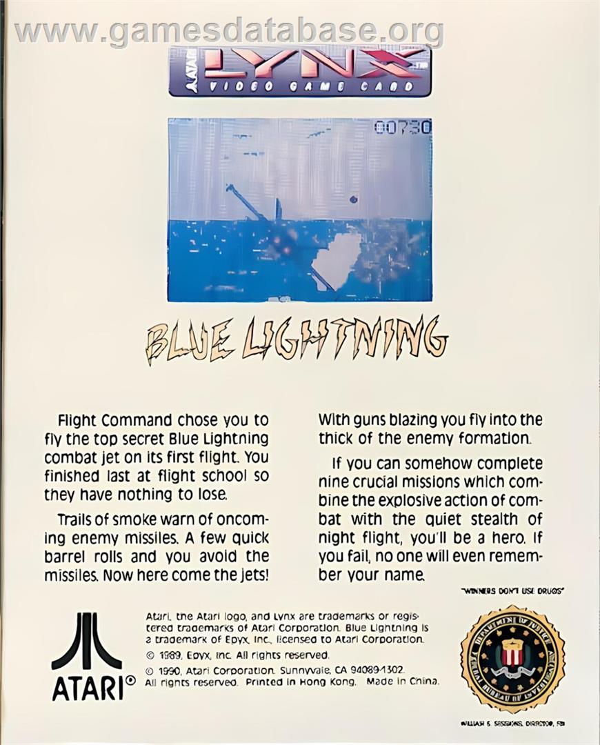 Blue Lightning - Atari Lynx - Artwork - Box Back