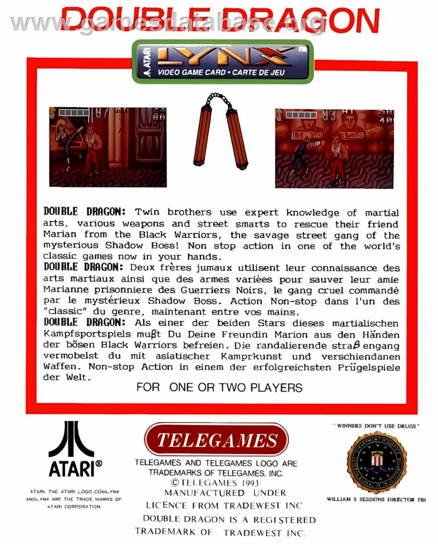 Double Dragon - Atari Lynx - Artwork - Box Back