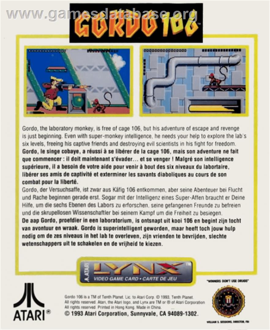 Gordo 106: The Mutated Lab Monkey - Atari Lynx - Artwork - Box Back