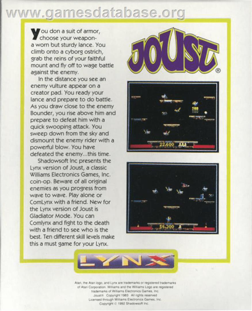 Joust - Atari Lynx - Artwork - Box Back