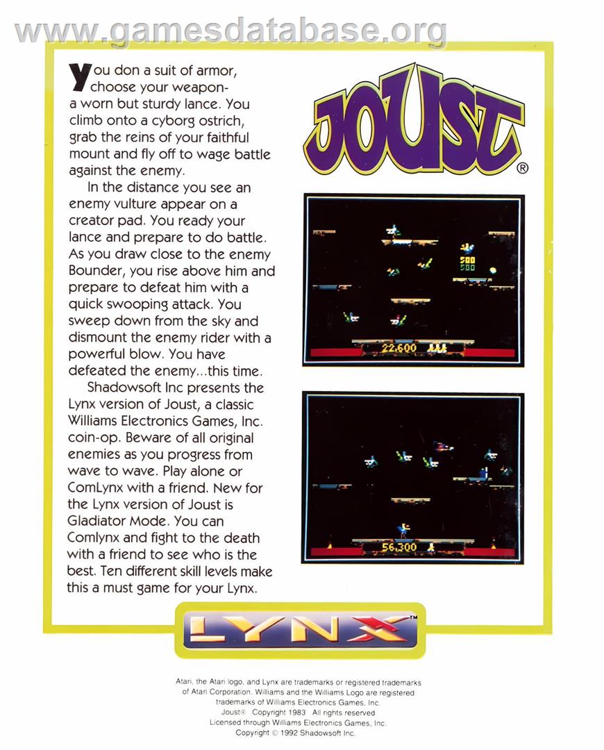 Joust - Atari Lynx - Artwork - Box Back