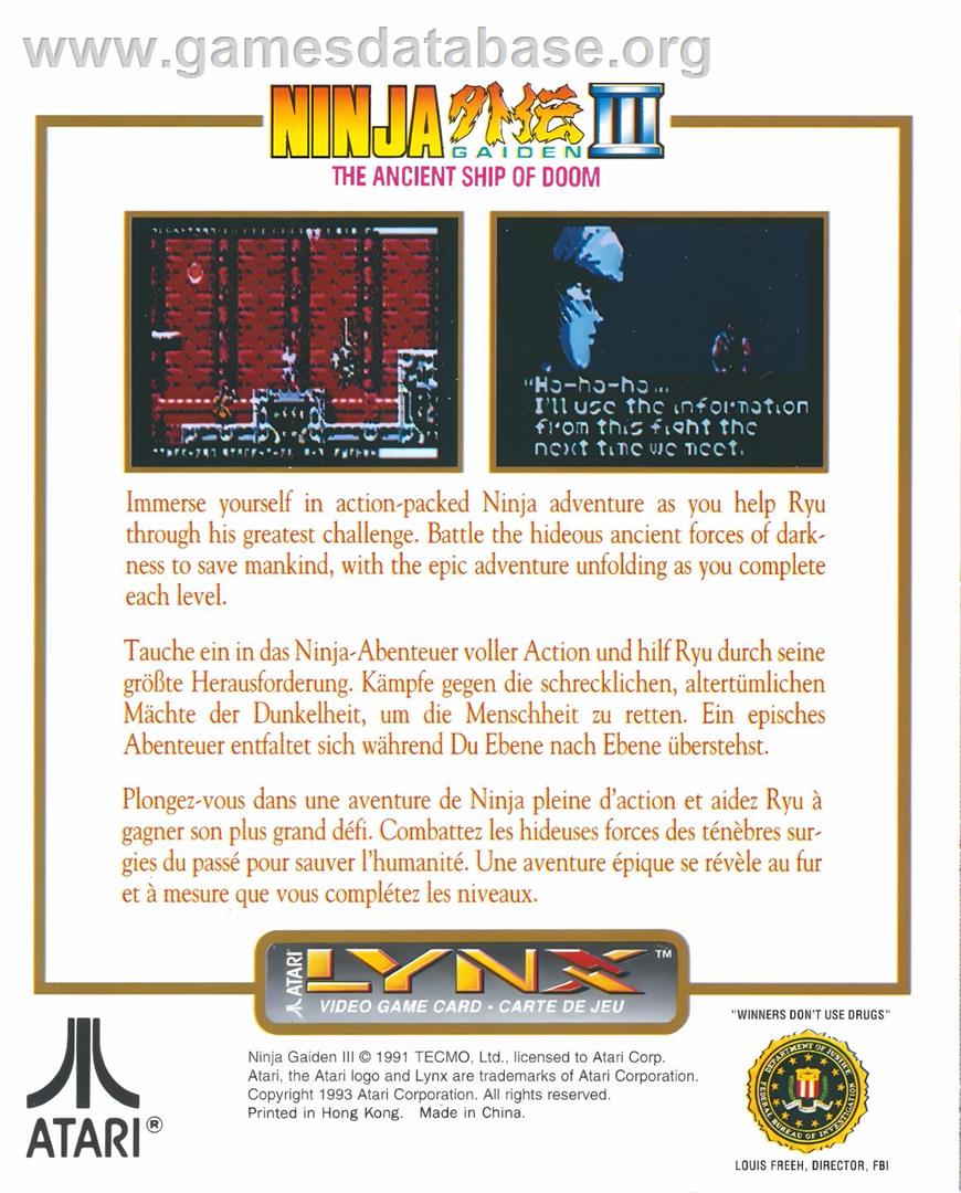 Ninja Gaiden 3 - The Ancient Ship Of Doom - Atari Lynx - Artwork - Box Back