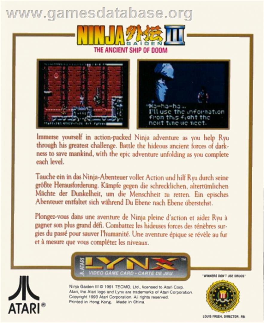 Ninja Gaiden III: The Ancient Ship of Doom - Atari Lynx - Artwork - Box Back