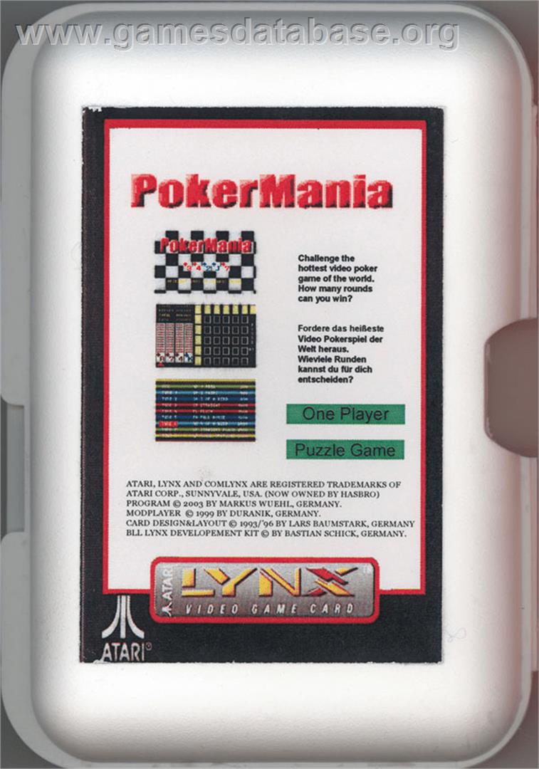 Poker Mania - Atari Lynx - Artwork - Box Back